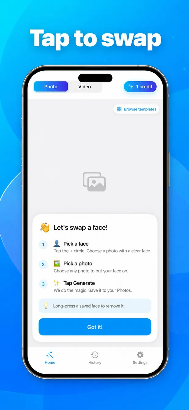 AnyFace onboarding screen explaining face swap in three steps